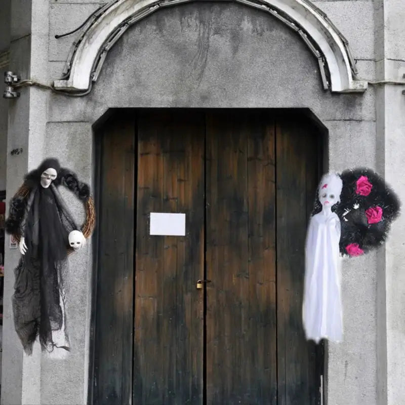 Halloween Hanging Decorative Skull Bride and Groom Wreath Scary Haunted House Prop for Indoor Outdoor Holiday Ornaments - www.sixcolors.us