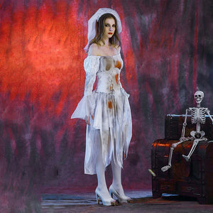 Halloween Cosplay Terrorist Bride Costumes for Women Gothic Victorian Bloody Off Shoulder Long Sleeve Dress Outfits for Party - www.sixcolors.us