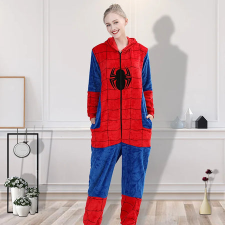 Spider Man Flannel Jumpsuit Pajama Adult Children Home Wear Toilet Version Sleepwear Halloween Costume Indoor Clothing - www.sixcolors.us