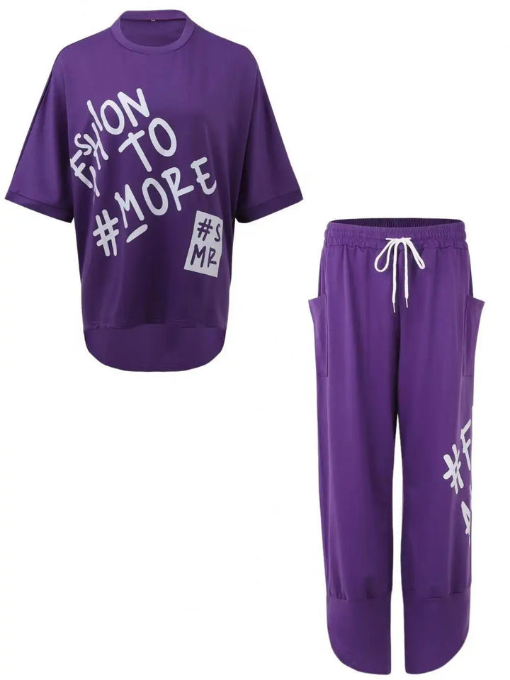 Two Piece Set Women - www.sixcolors.uss Short-Sleeved T-Shirts Wide Leg Pants Letter Printed Loose Casual Clothes Tracksuit Outfits Hip Hop Style - www.sixcolors.us