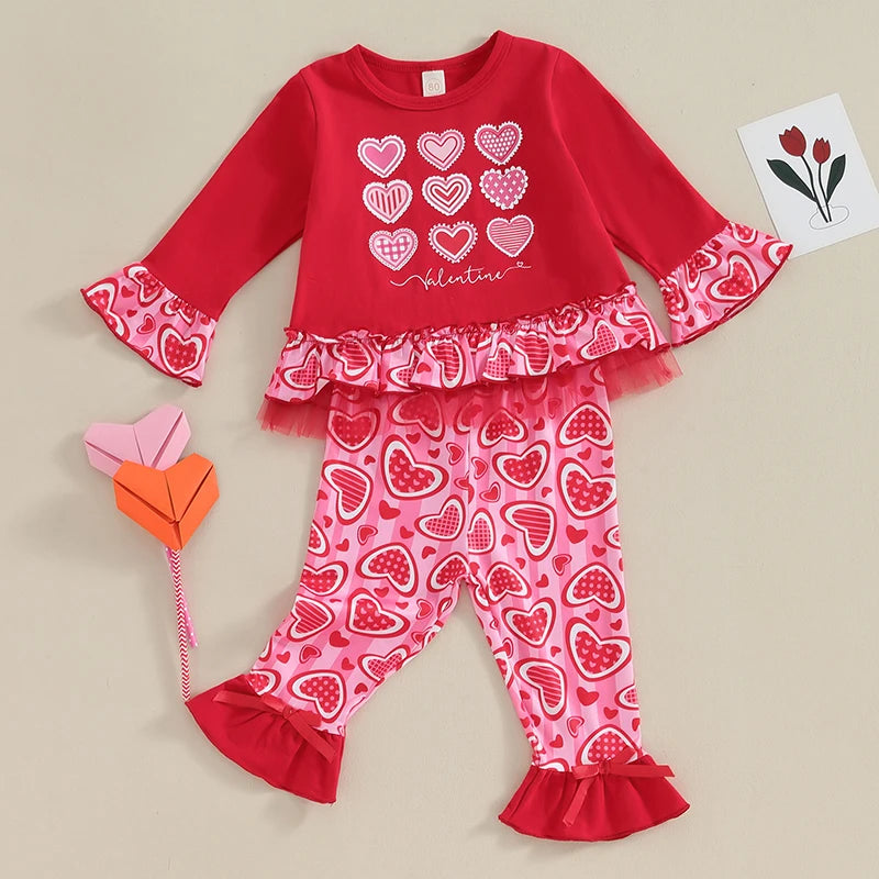 Toddler Baby Girls Valentine s Day Outfits Letter Heart Print Long Sleeve Tops Flare Pants 2 Piece Clothes Set