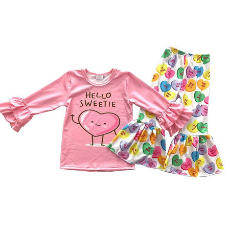 Valentine’s Day Kids Girl Clothes Set Newborn Infant Outfits Long Sleeve Children Letter Sweatshirt + Flare Pants Clothing