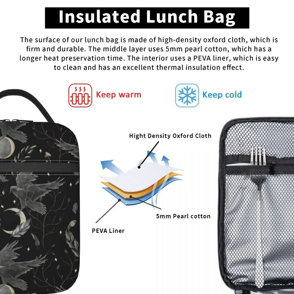 Crow Moon Insulated Lunch Bag for Camping Travel Halloween Spooky Witch Portable Thermal Cooler Bento Box Women Kids - www.sixcolors.us