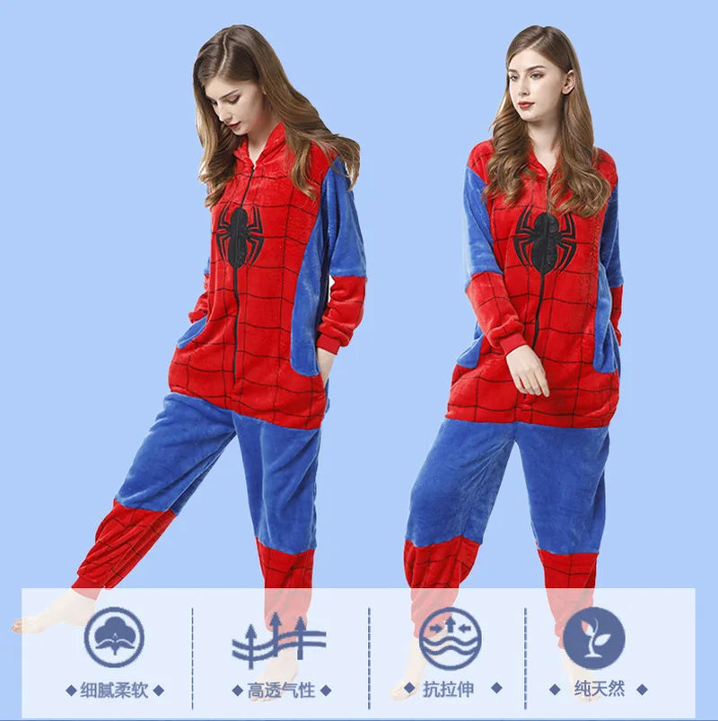 Spider Man Flannel Jumpsuit Pajama Adult Children Home Wear Toilet Version Sleepwear Halloween Costume Indoor Clothing - www.sixcolors.us