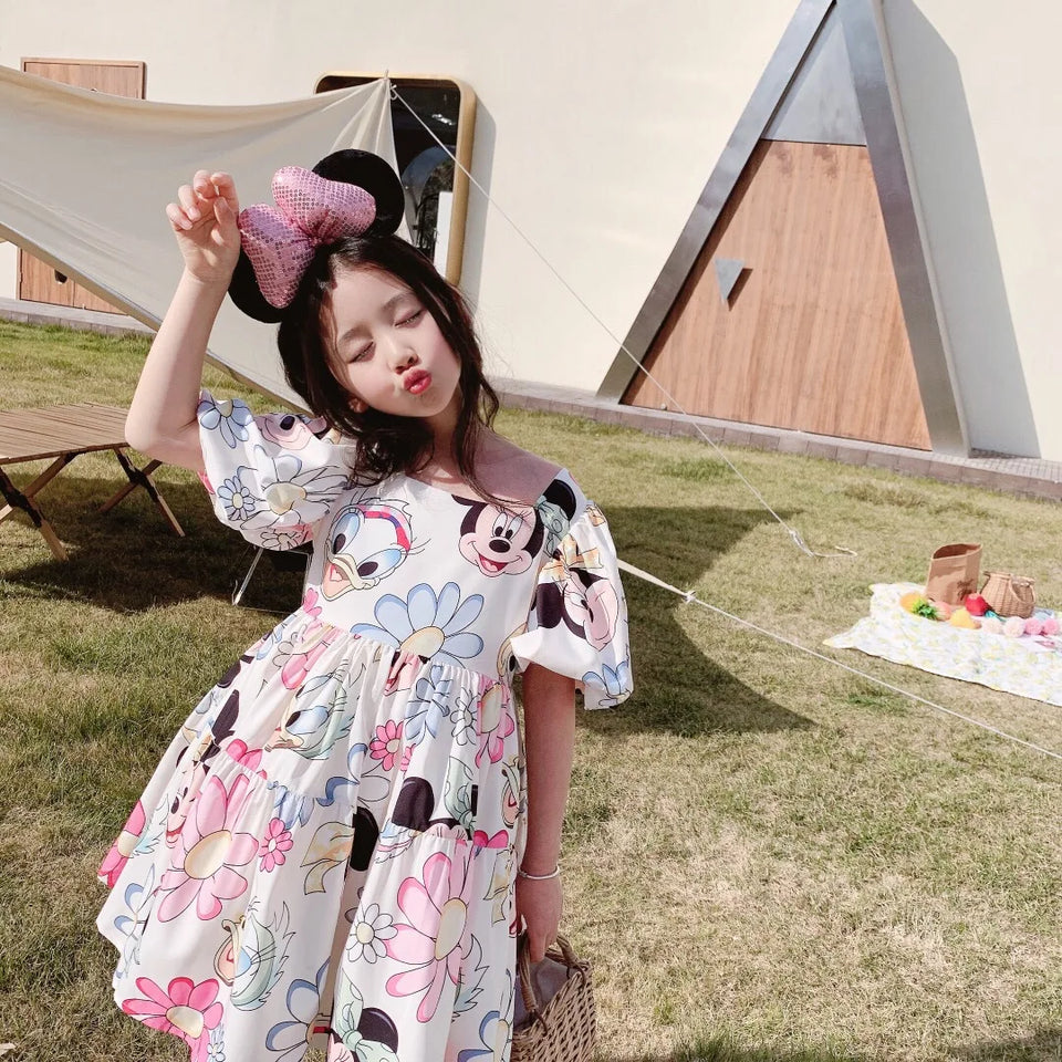2024 Mickey Minnie Mouse Korean Style Daisy Cartoon Puff Sleeve Clothes Summer Baby Girls Casual Dress Kids Backless Dress 2-8Y