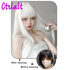 White Synthetic Long Straight Hair Women Wig Fluffy Lolita Cosplay Heat Resistant Wig with Bangs for Daily or Halloween - www.sixcolors.us
