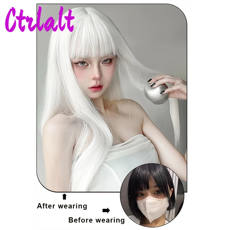 White Synthetic Long Straight Hair Women Wig Fluffy Lolita Cosplay Heat Resistant Wig with Bangs for Daily or Halloween - www.sixcolors.us