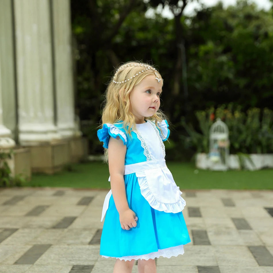 Girl Alice Cosplay Costume Children Blue Cortton Maid Lolita Dress Movie Wonderland Character Costume Halloween Disguise Clothes - www.sixcolors.us