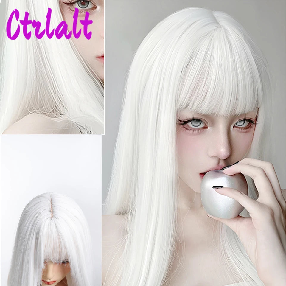 White Synthetic Long Straight Hair Women Wig Fluffy Lolita Cosplay Heat Resistant Wig with Bangs for Daily or Halloween - www.sixcolors.us