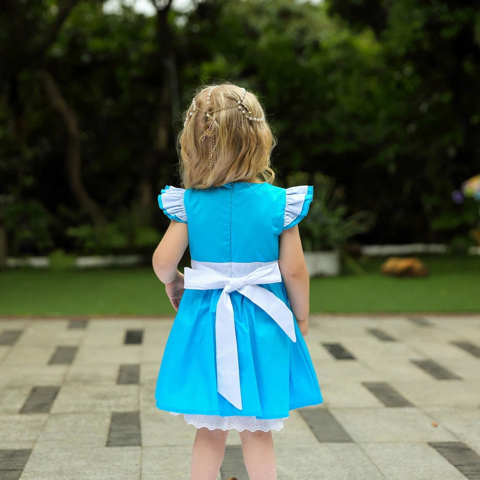Girl Alice Cosplay Costume Children Blue Cortton Maid Lolita Dress Movie Wonderland Character Costume Halloween Disguise Clothes - www.sixcolors.us