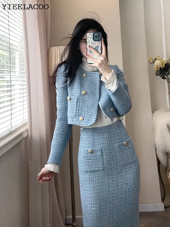 BlueTweed jacket + Skirt Sets fashion Professional Set slimming new Women's Suit Autumn/Winter White 2-Piece Set