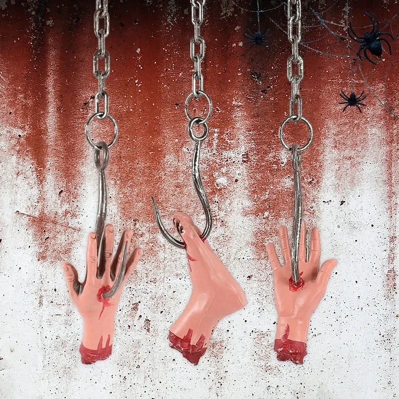Halloween Iron Chains Hook Hand Feet Haunted House Horror Props Bloody Hands Feet Hanging Ornament Halloween Party Decoration - www.sixcolors.us