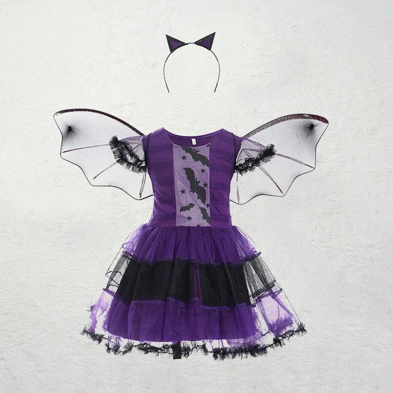 Halloween Girls Purple Bat Dress Kids Fancy Cosplay Vampire Demon Costume With Wing Headwear Carnival Witch Role Play Clothes - www.sixcolors.us