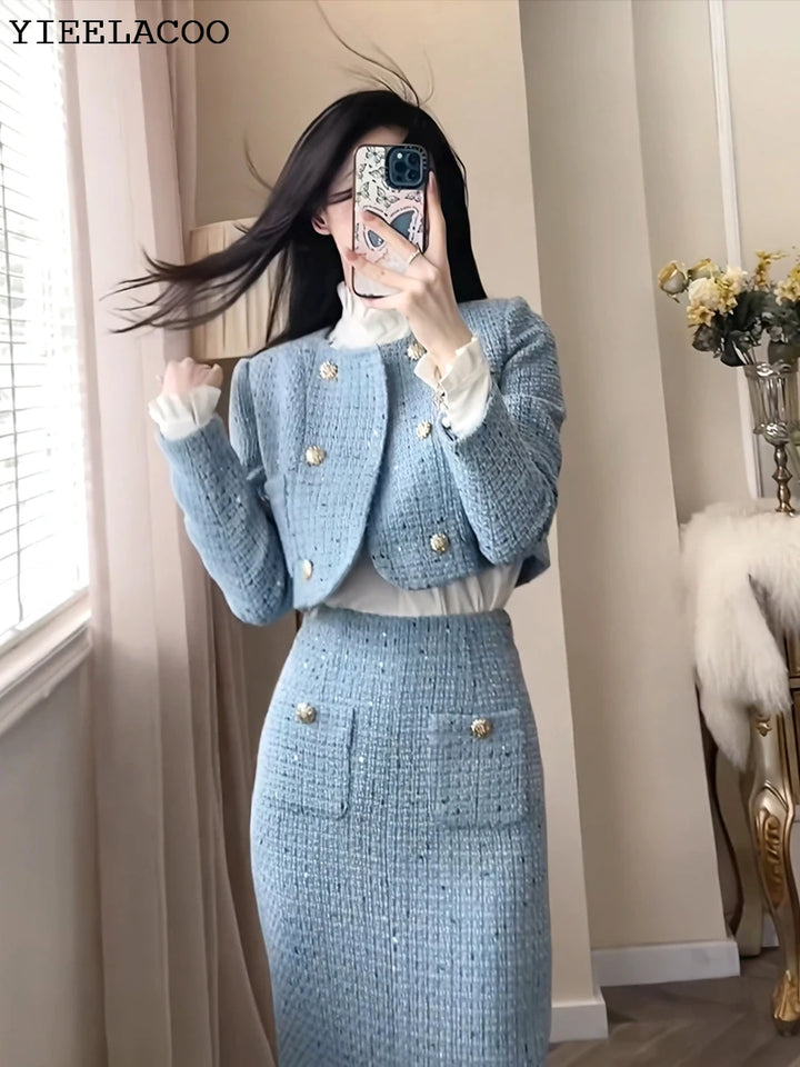 BlueTweed jacket + Skirt Sets fashion Professional Set slimming new Women's Suit Autumn/Winter White 2-Piece Set