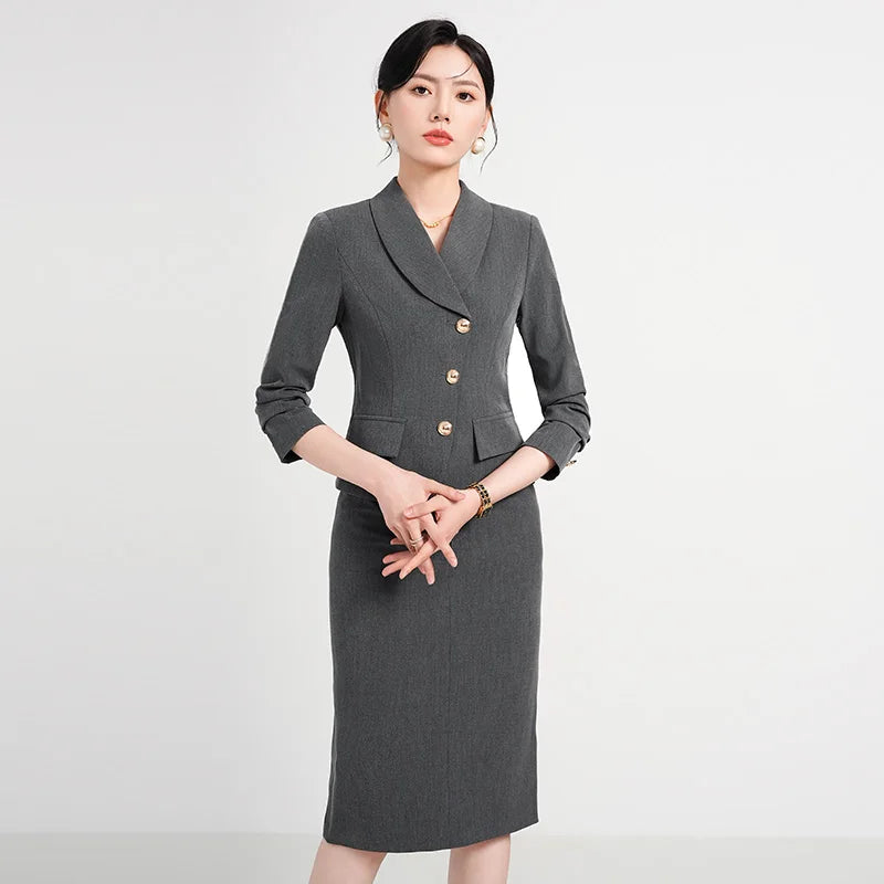 High Quality Black Blazer Set Pencil Skirt Women Elegant 2 Piece Set Fall New Commuter Career Suit Blue Long Sleeve Cut Jacket