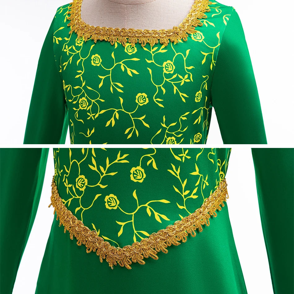 Fiona Green Princess Dress Halloween Fantasy Dress Up Costume Children Elegant Gown Kids Autumn Long Sleeve Lace Print Frocks - www.sixcolors.us