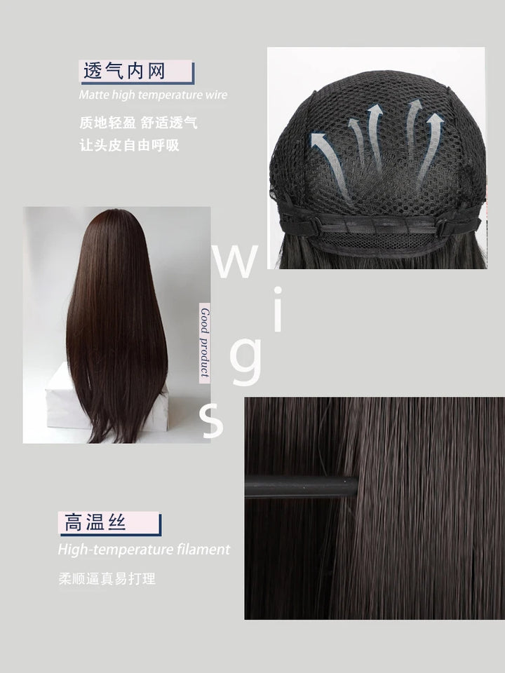 Pink Wig Women's Long Hair Air Bangs Long Straight Hair Lolita Natural round Face Halloween Cos Full-Head Wig Style - www.sixcolors.us