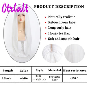 White Synthetic Long Straight Hair Women Wig Fluffy Lolita Cosplay Heat Resistant Wig with Bangs for Daily or Halloween - www.sixcolors.us