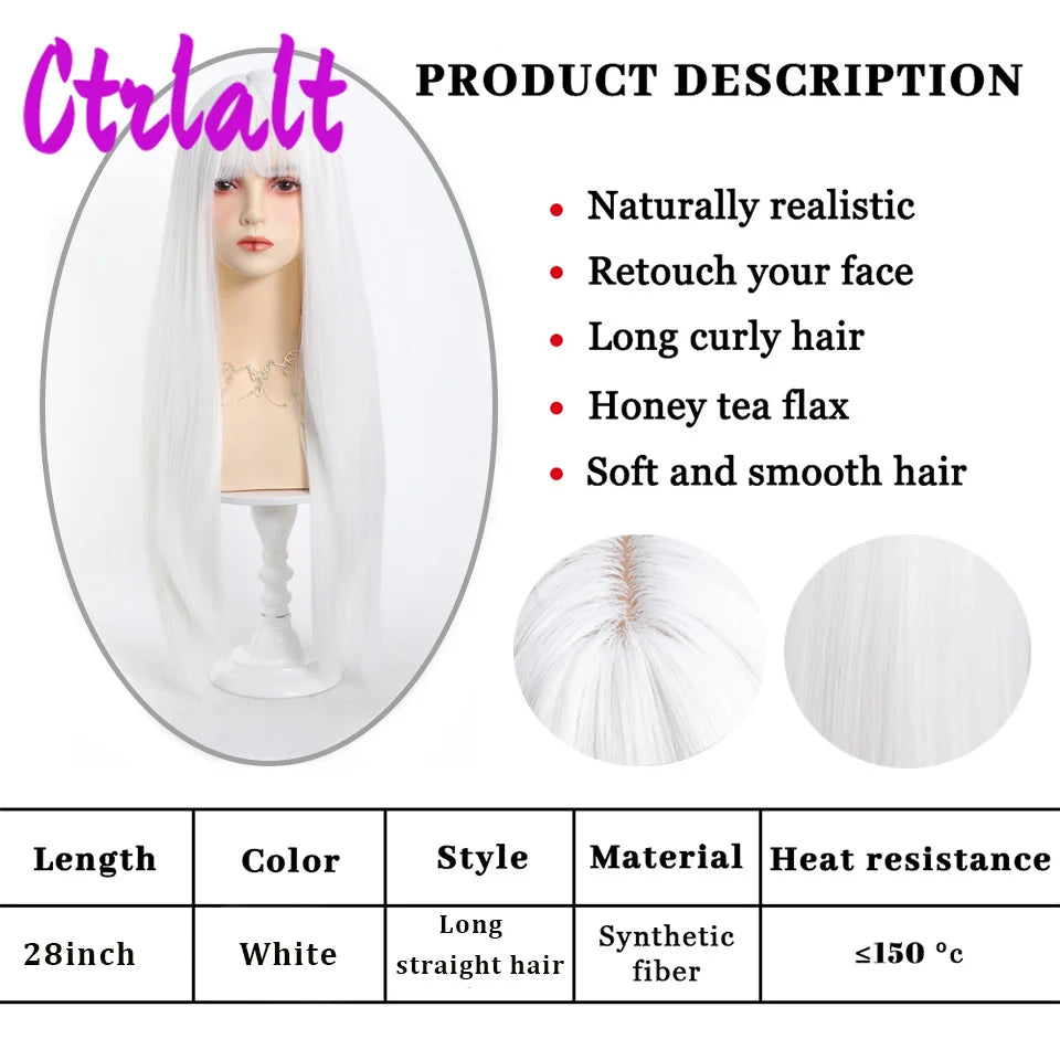 White Synthetic Long Straight Hair Women Wig Fluffy Lolita Cosplay Heat Resistant Wig with Bangs for Daily or Halloween - www.sixcolors.us