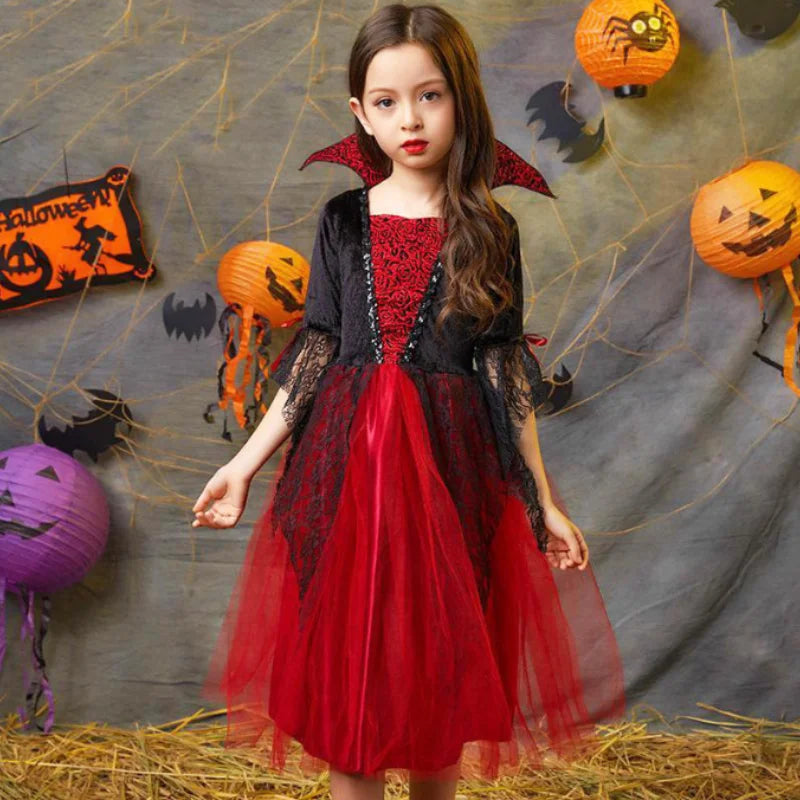 2024 Girls Cosplay Vampire Halloween Dress For Kids Ghost Bride Gothic Costume Count Vampiran Carnival Outfit Black Red Clothes - www.sixcolors.us