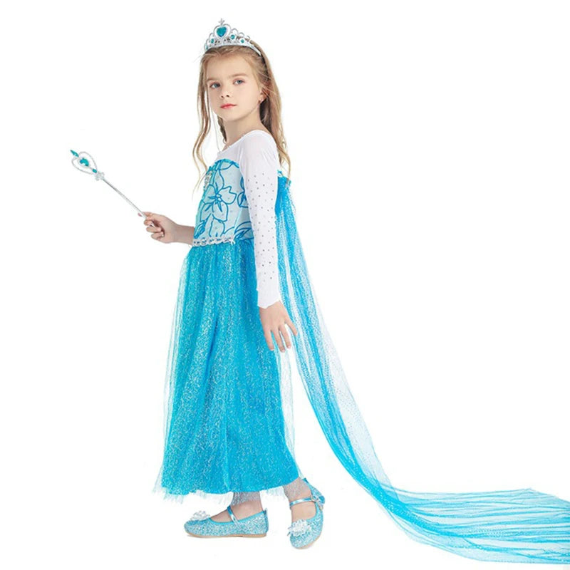 2024 Christmas Children Costume Frozen Princess Dress Baby Girls Long Sleeves Dresses Halloween Party Carnival Clothes Vestido