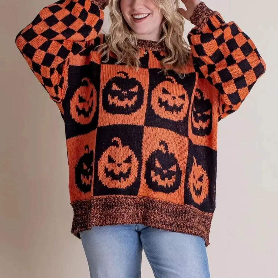 Plaid Pumpkin Ghost Pattern Sweater Spooky Pumpkin Ghost Plaid Sweater Oversized Crew Neck Halloween Knitwear Haunted Checkered - www.sixcolors.us