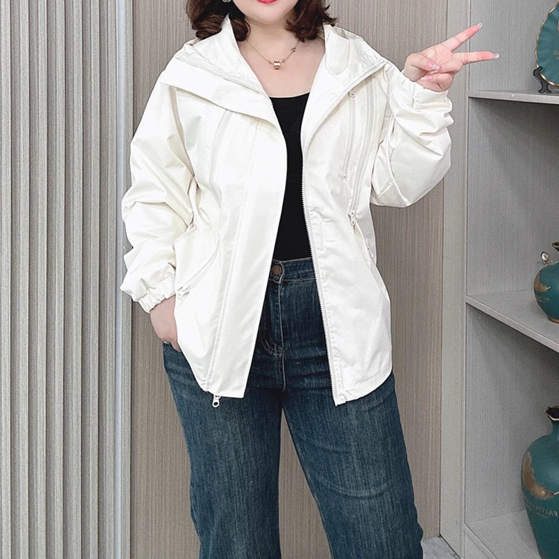 Outdoor Jacket Lovers Plus Size Women Autumn New Loose Leisure Weatherproof Rainning Proof Hooded Zipper Trench Coat 2275 - www.sixcolors.us
