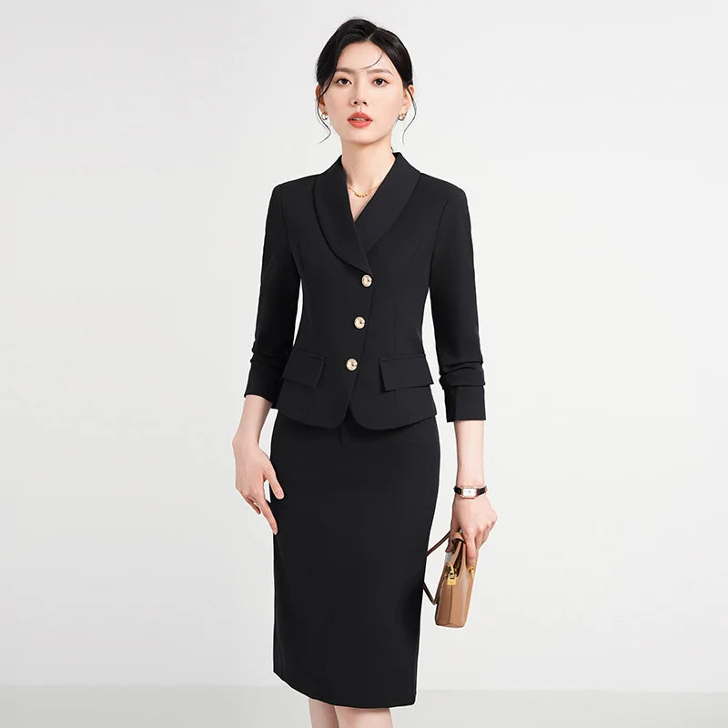 High Quality Black Blazer Set Pencil Skirt Women Elegant 2 Piece Set Fall New Commuter Career Suit Blue Long Sleeve Cut Jacket