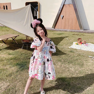 2024 Mickey Minnie Mouse Korean Style Daisy Cartoon Puff Sleeve Clothes Summer Baby Girls Casual Dress Kids Backless Dress 2-8Y