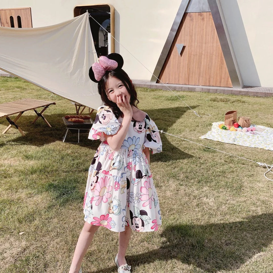 2024 Mickey Minnie Mouse Korean Style Daisy Cartoon Puff Sleeve Clothes Summer Baby Girls Casual Dress Kids Backless Dress 2-8Y