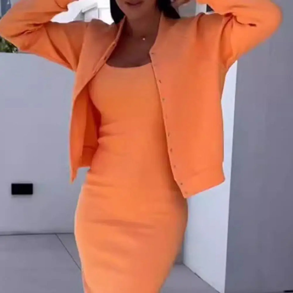 Long Dress Suit Women Coat Dress Set Elegant Office Attire Set Single-breasted Jacket Skinny Slip Dress for Women for Work