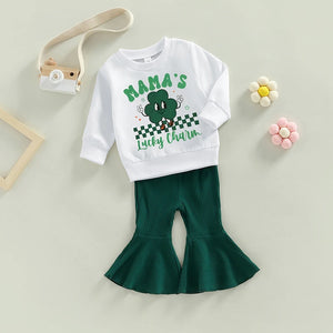 St Patricks Day Kids Toddler Baby Girl Clothes Set Mama s Lucky Charm Sweatshirt Top Flare Pants Set