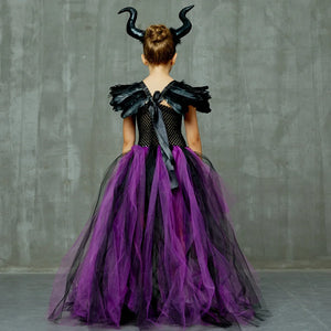 Disney Maleficent Costume Deluxe Girls Halloween Carnival Party Black Trailing Mesh Dress Kids Cosplay Demon Queen Witch Clothes - www.sixcolors.us