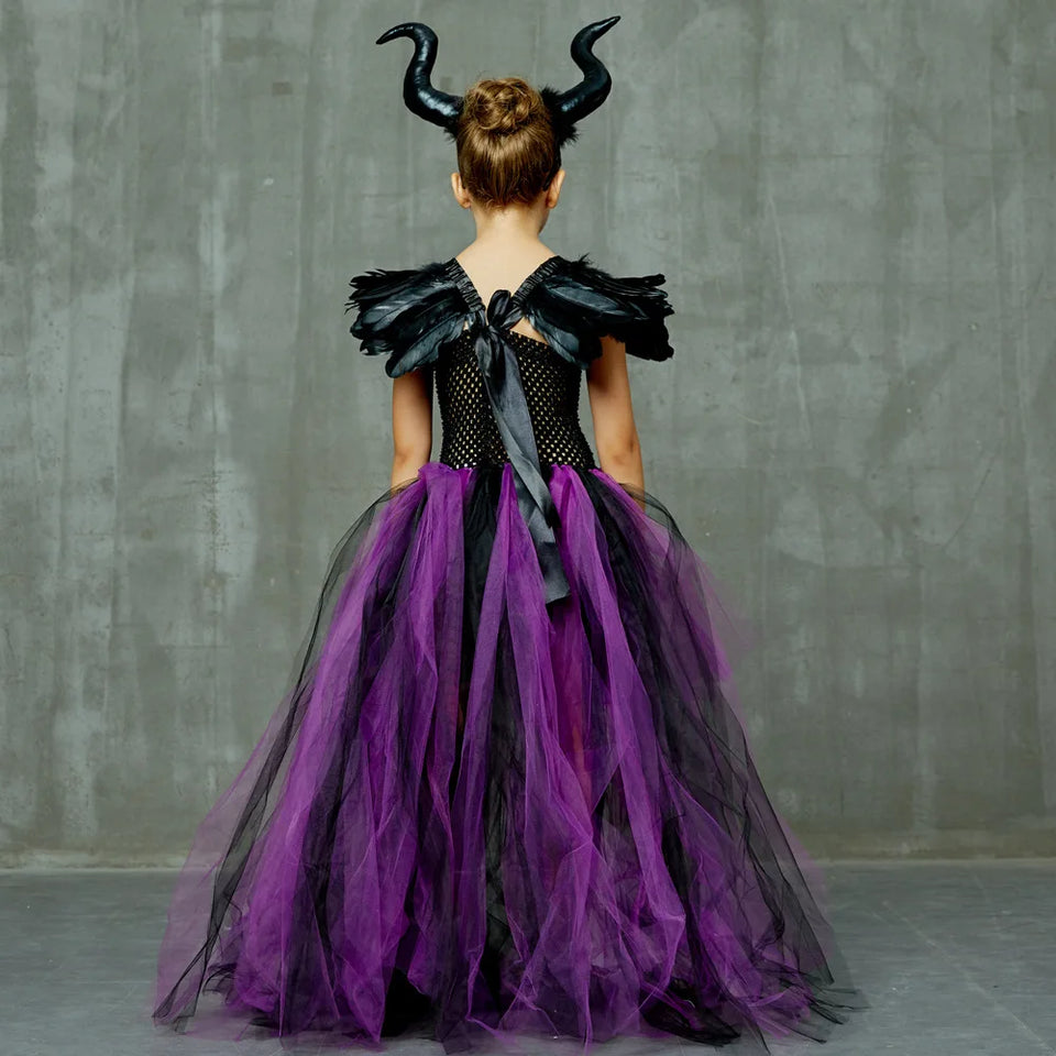 Disney Maleficent Costume Deluxe Girls Halloween Carnival Party Black Trailing Mesh Dress Kids Cosplay Demon Queen Witch Clothes - www.sixcolors.us