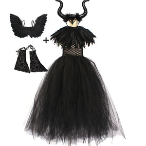 Maleficent Cosplay Gothic Black Tutu Dress with Horn Headband and Wings Girls Halloween Misstress of Evil Villain Costume 2-10Y - www.sixcolors.us