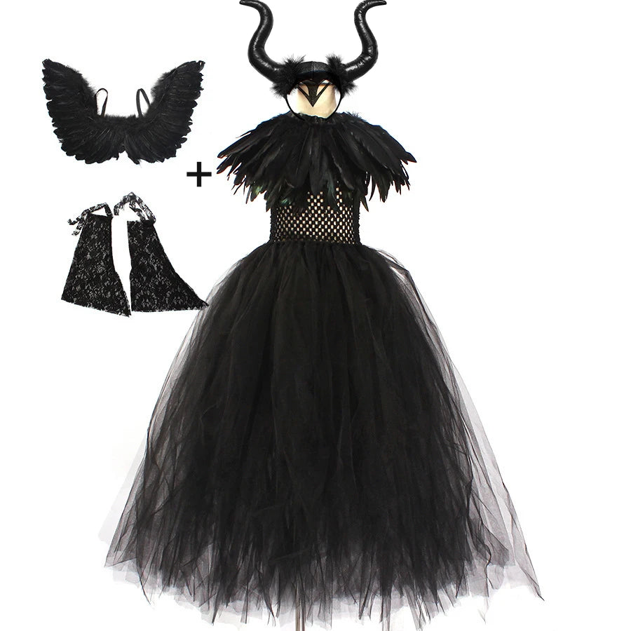 Maleficent Cosplay Gothic Black Tutu Dress with Horn Headband and Wings Girls Halloween Misstress of Evil Villain Costume 2-10Y - www.sixcolors.us