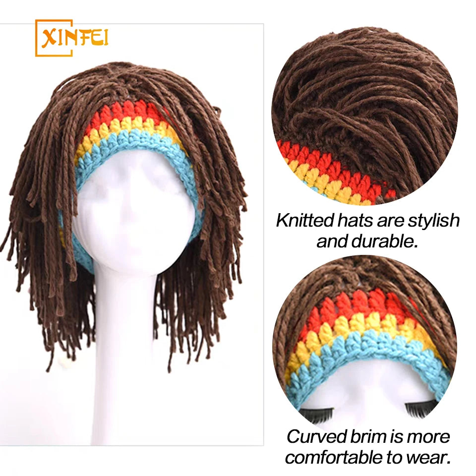 XINFEI Jamaican Knitted Wig Braid Hat Unisex Hair Hat Handmade Fancy Wig Caps Halloween Ghost House Wig Black - www.sixcolors.us