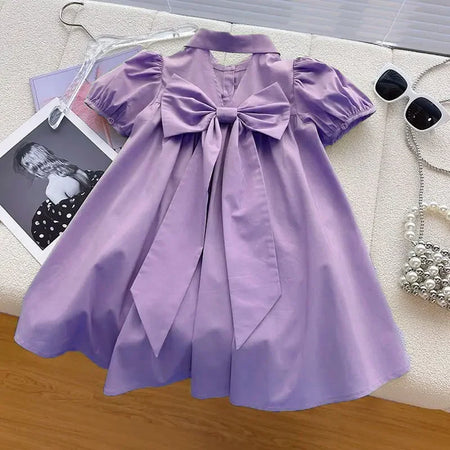 summer A-line baby girls dress princess short sleeve bow patch puff sleeve kids clothes Korean open back vestidos 4 to 16 years