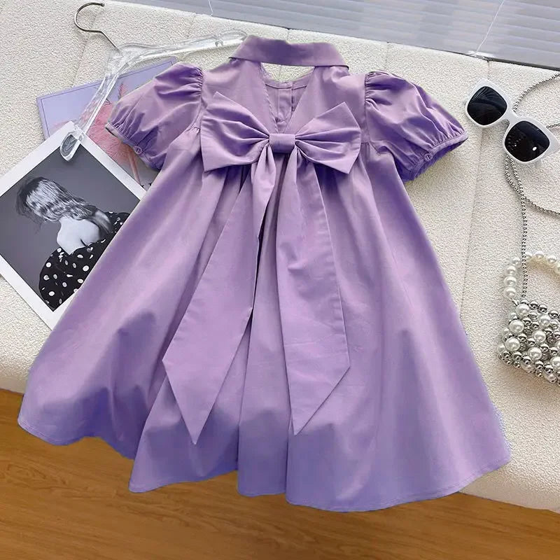 summer A-line baby girls dress princess short sleeve bow patch puff sleeve kids clothes Korean open back vestidos 4 to 16 years