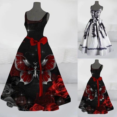 Sexy 3d Skeleton Rags Printed Vintage Halloween Dress For Women Elegant Bow Tie Waist Ladies Evening Party Costumes Vestidos New - www.sixcolors.us