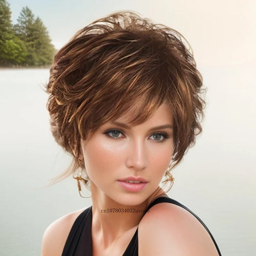 Synthetic Women's Short Pixie Cut Wig Mix Brown Hair Natural Ladies Wig with Bangs Daily Stylish Mommy Wig Cosplay Halloween - www.sixcolors.us