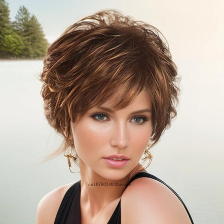 Synthetic Women's Short Pixie Cut Wig Mix Brown Hair Natural Ladies Wig with Bangs Daily Stylish Mommy Wig Cosplay Halloween - www.sixcolors.us