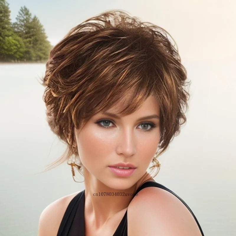 Synthetic Women's Short Pixie Cut Wig Mix Brown Hair Natural Ladies Wig with Bangs Daily Stylish Mommy Wig Cosplay Halloween - www.sixcolors.us