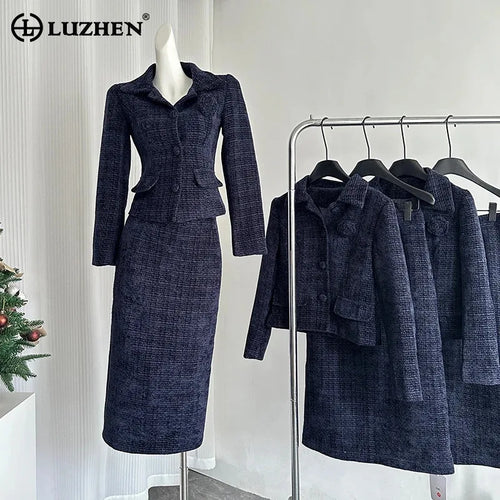 LUZHEN Elegant Casual Checked Slim Jacket Women's Long Skirt 2024 Autumn New Fashion Bodycon Female Social Two-piece Sets AA1798