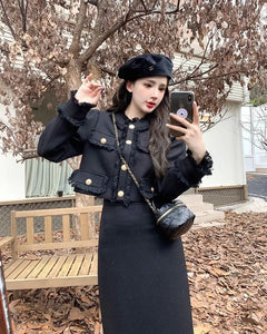 Fashion Two Piece Sets Womens Outfits Plaid Tweed Blazer Female Long Sleeve Jacket and Skirt Set