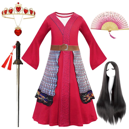 Girls Mulan Dress Halloween Princess Costumes for Girls Mulan Wig Chinese Traditional Dress Red Gown Children Hua Mulan Sword - www.sixcolors.us