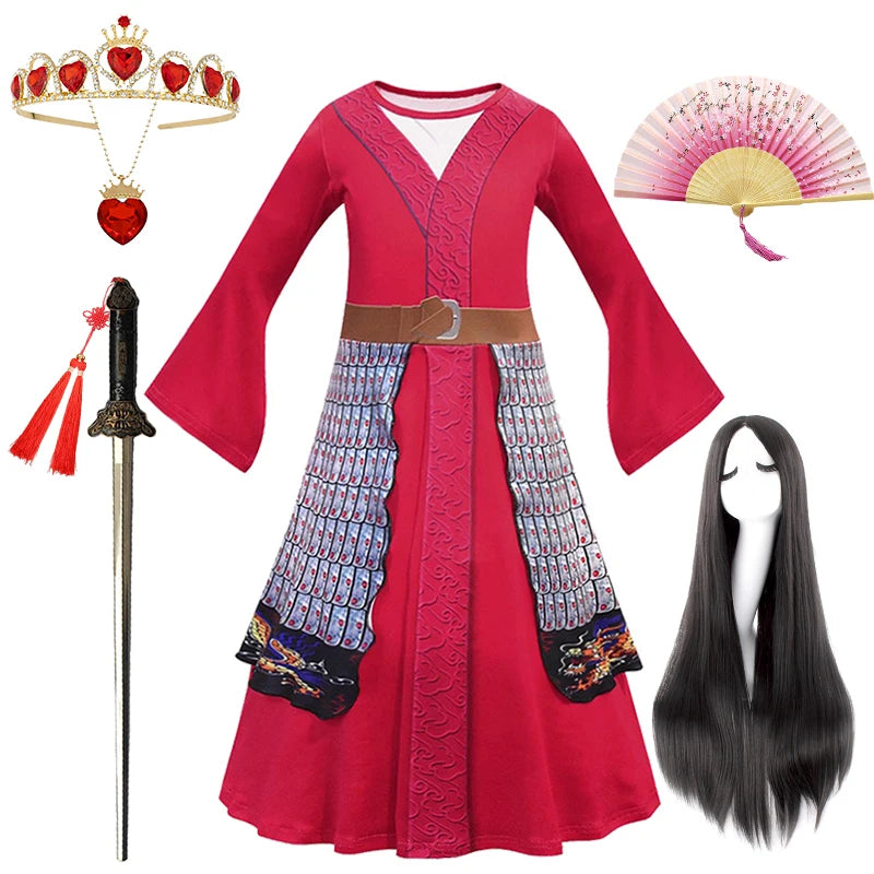 Girls Mulan Dress Halloween Princess Costumes for Girls Mulan Wig Chinese Traditional Dress Red Gown Children Hua Mulan Sword - www.sixcolors.us
