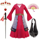 Girls Mulan Dress Halloween Princess Costumes for Girls Mulan Wig Chinese Traditional Dress Red Gown Children Hua Mulan Sword - www.sixcolors.us