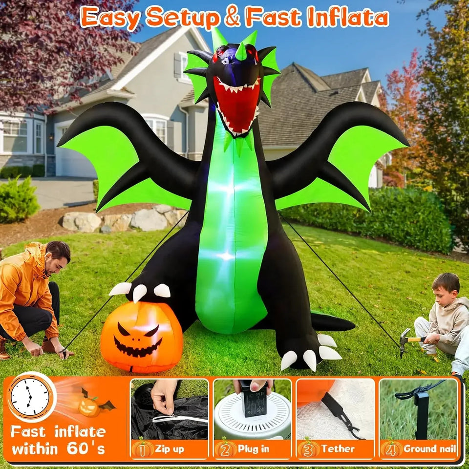 Halloween Inflatable Dragon Outdoor Decorations : 9FT Large Blow Up Yard Dragon with Pumpkin and LED Lights for Halloween Fun - www.sixcolors.us