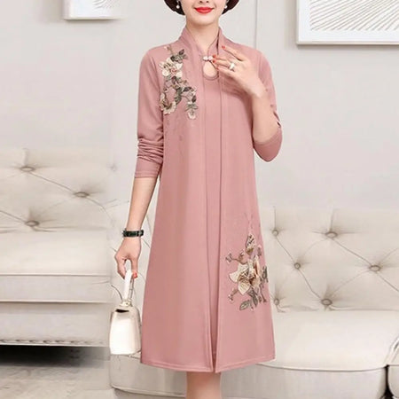 Women Dress Coat Suit Spring Fall Middle-age Ladies Female Open Front Long Cardigan O Neck Sleeveless Overcoat Jacket Dress Kit